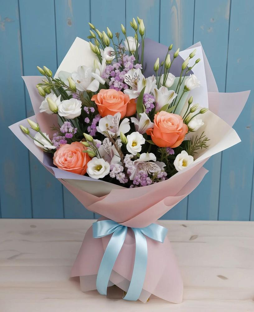 Букет цветов из: Лизиантусы, Розы, Альстромерии и Гипсофила в Осоргино
